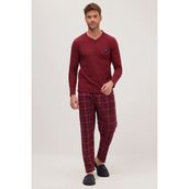 Erkek Regular Fit Pamuklu Düğmeli Yaka Beli Lastikli Desenli Bordo Pijama Takımı