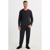 Erkek Regular Fit Pamuklu Düğmeli Yaka Beli Lastikli Desenli Gri Pijama Takımı