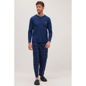 Erkek Regular Fit Pamuklu Düğmeli Yaka Beli Lastikli Desenli İndigo Pijama Takımı