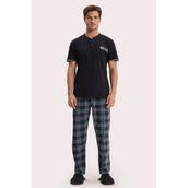 Erkek Standart Fit Normal Kesim Pamuklu Kısa Kollu Bisiklet Yaka Cepli Siyah Pijama Takımı