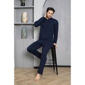 Erkek Yakası Düğmeli %100 Pamuklu Mevsimlik Örme Penye Uzun Kollu Pijama Takımı - Lacivert