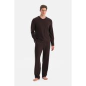 Eros Erkek Pijama Takımı, V Yaka, Cep Detaylı, Koyu Kahve, L Beden