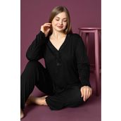 Eyfuze Kadın Büyük Beden Desenli Yakası Düğmeli Uzun Kollu Bambu Pijama Takımı