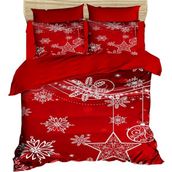 Fabeteks Yılbaşı Yıldızlı ve Süslü Kar Taneleri Dijital Nevrem Takımı - 200 x 220 cm - Kırmızı