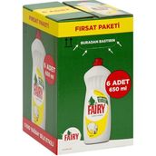 Fairy Sıvı Bulaşık Deterjanı 6×650 ml Limon Kokulu Yağ Çözücü Güçlü Formüllü 6'lı Paket
