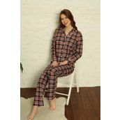 Farya Home Dreamy Ekoseli Pamuklu Biyeli Uzun Kollu Gömlek Ekose Bayan Pijama Takımı