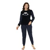 Fawn 5006 Peluş Welsoft Polar Kışlık Yumoş Kadın Pijama Takımı Uyuyan Kedili (3317) (Lacivert, M)