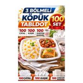 figanlar ambalaj 100 Kişilik Köpük Tabldot Seti 3 Bölmeli –100 Çatal 100 Kaşık 100 Karton Bardak kullan at tabak set