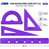 Fly Color Kırılmayan Esnek Çizim Seti 4'lü (Cetvel, Gönye, Iletki) - Mor