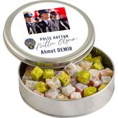 Fotoğraflı 10 Nisan Polis Haftasına Özel Çifte Kavrulmuş Lokum (Metal Yuvarlak Kutu) 300g