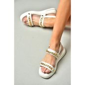 Fox Shoes S518105609 Zincir Detaylı Beyaz Gold Kadın Sandalet