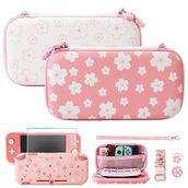 FUNDIARY Cute Carrying Case for Nintendo Switch Lite, Pink Sakura Portable Travel Cover Case for Switch Lite, Skin Kit with Protective Shell, Screen Protector, Adjustable Shoulder Strap, 2 Thumb Caps