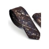 Gaffy SDK-220710 Bej Lacivert Motif Desenli Kahverengi Dokuma Kumaş Mendilli Slim Fit Kravat