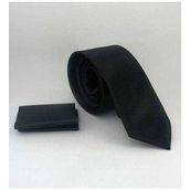 Gaffy SS-01 Siyah Slim Fit Düz Renk Mendilli Saten Kravat