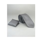 Gaffy SS-04 Gri Slim Fit Düz Renk Mendilli Saten Kravat