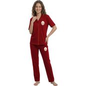 Galatasaray Orijinal Lisanslı Kadın Düğmeli Kare Yaka Pijama Takım - Kırmızı - 2XL