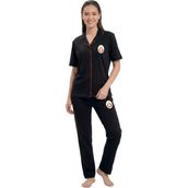 Galatasaray Orijinal Lisanslı Kadın Düğmeli Kare Yaka Pijama Takım - Siyah - XL
