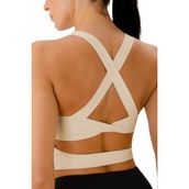 Ghassy Co. Çarpraz Sırt Detaylı Criss Cross Kaplı Yoga Egzersiz Fitness Bej Kadın Spor Sütyen