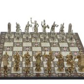 Gift Home Metal Satranç Takımı Battal Yunan Parlak Sedef Desenli Satranç Tahtası