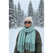 Goldmine Unisex Puffy Lightweight Atkı, Su Yeşili, Püskül Detaylı