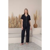 Grsn Kadın Biyeli Kısa Kollu Pamuklu Düğmeli Rahat Pijama Takımı - Lacivert - XL
