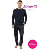Guava Erkek Lacivert Modal Düğmeli Ekose Desen Pamuk Likra Mevsimlik Manşetli Uzun Kol Cepli Pijama Takımı