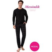 Guava Erkek Siyah Modal 3 Düğmeli Ekose Desen Pamuk Likra Mevsimlik Manşetli Uzun Kol Cepli Pijama Takımı - XL