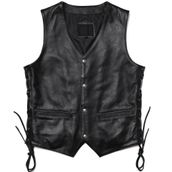 Hakiki Kuzu Derisi Motosiklet Yeleği, V Yaka, Yandan Bağcıklı, 5 Cepli, Siyah (Siyah, 4XL)