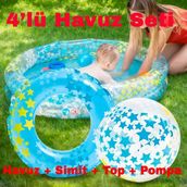 Havuz ve Can Simidi Seti - 4lü Yıldız Desenli Şişme Havuz + Can Simidi + Deniz Topu + Şişirme Pompası / Intex 59460 Two-Ring Pool Set