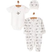 HelloBaby Yenidoğan Bebek Sevimli Fil Kendinden Eldivenli Ekru Tulum + Body + Şapka
