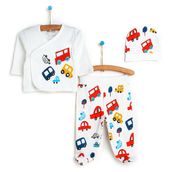 HelloBaby Yenidoğan Erkek Bebek Taşıtlar Ekru Zıbın Şapka ve Patikli Alt