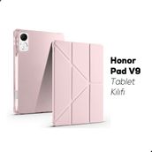 Honor Pad V9 Uyumlu Kılıf Üçe Katlanan Kalem Bölmeli Standlı Tablet Kılıfı Uyandırma Özellikli - Pembe