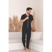 Huq Moda Kısa Kollu Düğmeli Siyah Penye Pamuklu Pijama Takımı, L, Erkekkısakol, düğmeli kısa Siyah, erkek