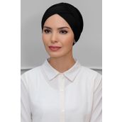 Hürrem Bone 1801_01 Siyah Sandy Kumaş Çapraz Büzgülü Pratik Hazır Geçmeli Tesettür Bone