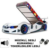 İnegöl'den Eve Gt1 - Bazalı Arabalı Yatak Araba Karyola, Araba Yatak - Full Ledli, Kumandalı ve Bazalı - Beyaz - 207 x 105 cm