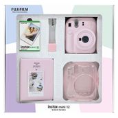 Instax Mini 12 Pembe 10'lu Film Simli Pleksi Kılıf PVC Albüm Kıskaçlı Resim Standı Bundle Box ve Fotoğraf Makinesi