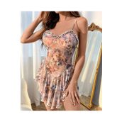 İntive Lingerie Kadın Volanlı Bej-Mavi-Mor Çiçek Baskılı Vintage Gecelik-3663/1 Çok Renkli L/XL