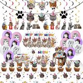 Juhap 96 Adet Kedi Doğum Günü Partisi Malzemeleri, Yavru Kedi Doğum Günü Süslemeleri Tabaklar, Peçeteler, Masa Örtüleri, Pasta Süsleri, Balonlar, Kedi Afişleri, Miyav Kitty Tema Doğum Günü Partisi