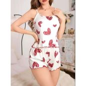 Kadın Beyaz Kalp desenli Şortlu Gecelik Pijama Takımı 5052