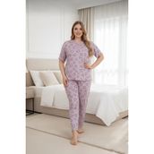 Kadın Büyük Beden Desenli Dantel Detaylı Bambu Kısa Kollu Pijama Takımı (Lila, 2XL)