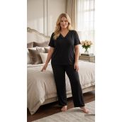 Kadın Büyük Beden Desenli Dantel Detaylı Bambu Kısa Kollu Pijama Takımı (Siyah, 4XL)
