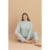 Kadın Büyük Beden Desenli Yakası Düğmeli Uzun Kollu Bambu Pijama Takımı - Mint Yeşil - 4XL