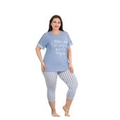 Kadın Mavi Çizgili Büyük Beden Kısa Kollu Kapri Pijama Takım, 3XL, LD10670-198IGP100591