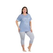 Kadın Mavi Çizgili Büyük Beden Kısa Kollu Kapri Pijama Takım, 4XL, LD10670-198IGP100592