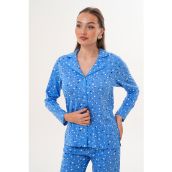 Kadın Pamuk Puantiyeli Önden Düğmeli Mavi Pijama Takımı 7038