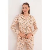 Kadın Pamuk Zeytin Desen Gömlek Yaka Yeşil Pijama Takımı 7032