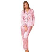 Kadın Pudra Pembe Saten Çizgili Önden Düğmeli Pijama Takımı, M, LD15070-198IGP100478