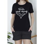 Kadın Şortlu Pijama Takımı Kısa Kollu Pamuklu Cepli Likralı SİYAH