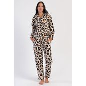 Kadın Uzun Kol Polar Önden Düğmeli Leopar Bej Pijama Takım C7T6N0O304 BEJ XL