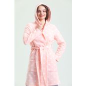 Kalp Desenli Kapüşonlu Polar Midi Kadın Sabahlık Pembe L